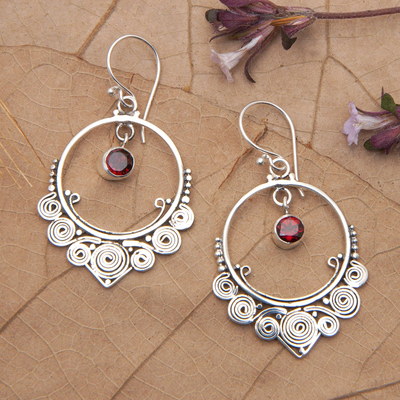 Round Sterling Silver Dangle Earrings with Garnets - Opulence | NOVICA