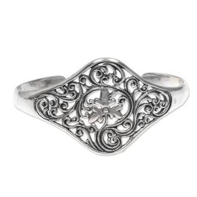 Handcrafted Balinese Floral Sterling Silver Cuff Bracelet