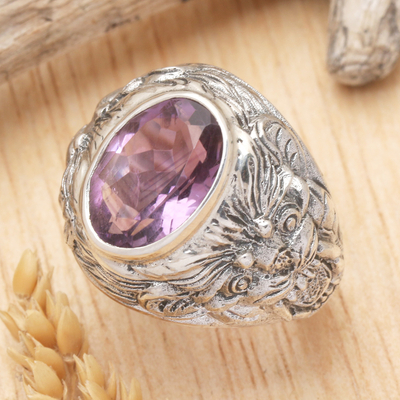 Amethyst men's ring, 'Benevolent Barong' - Barong Theme Men's Sterling Silver and Amethyst Ring