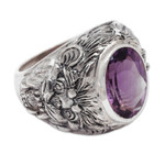 Amethyst men's ring, 'Benevolent Barong' - Barong Theme Men's Sterling Silver and Amethyst Ring