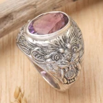 Amethyst men's ring, 'Benevolent Barong' - Barong Theme Men's Sterling Silver and Amethyst Ring