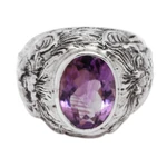 Amethyst men's ring, 'Benevolent Barong' - Barong Theme Men's Sterling Silver and Amethyst Ring