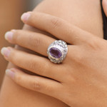 Amethyst men's ring, 'Benevolent Barong' - Barong Theme Men's Sterling Silver and Amethyst Ring