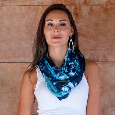 Rayon infinity scarf, 'Bali Sky' - Women's Long Tied Dyed Blue Infinity Scarf from Bali