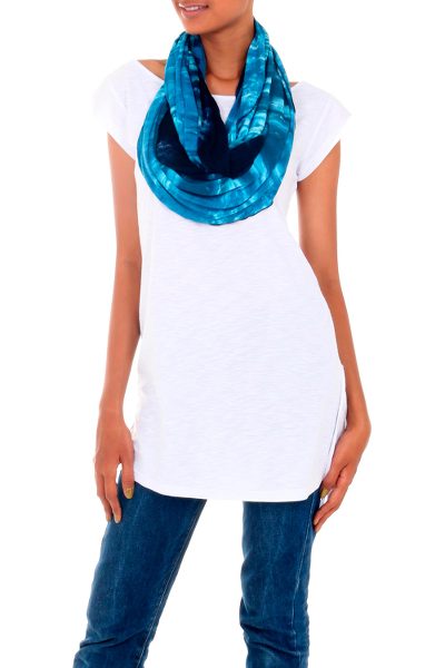 Rayon infinity scarf, 'Bali Sky' - Women's Long Tied Dyed Blue Infinity Scarf from Bali