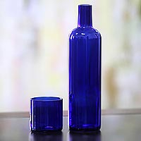 Recycled carafe and drinking glass set, 'Midnight Sky' - Fair Trade Artisan Crafted Carafe and Glass Set in Cobalt Bl
