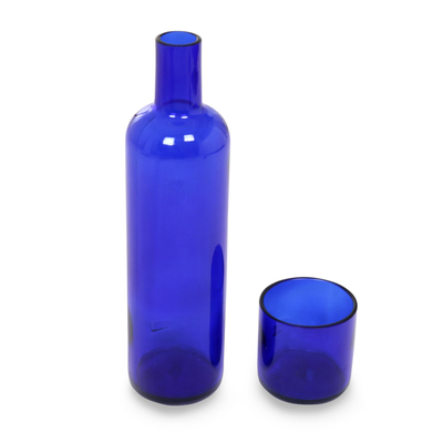 Recycled carafe and drinking glass set, 'Midnight Sky' - Handcrafted Blue Recycled Bottle and Drinking Glass Set