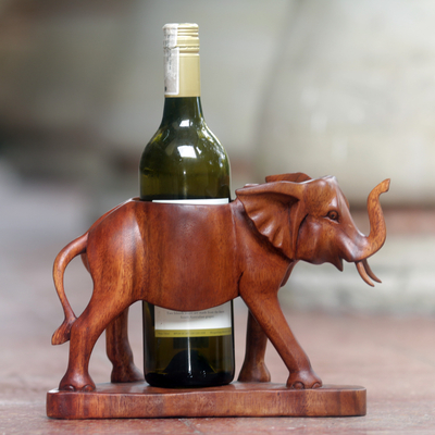 UNICEF Market  Hand Carved Suar Wood Elephant Wine Bottle Holder -  Sumatran Elephant