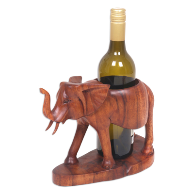 Portabotellas de madera para vino - Soporte para botella de vino de elefante de madera de suar tallado a mano
