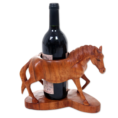 Wood bottle holder, 'Sumbawa Horse' - Hand Carved Suar Wood Horse Bottle Holder from Bali