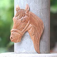 Wood wall panel, 'The Horse's Gaze' - Artisan Crafted Wood Horse Wall Panel from Bali