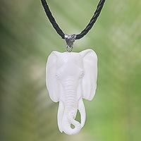Bone and leather pendant necklace, 'Elephant Head' - Artisan Crafted Leather Necklace with Elephant Pendant