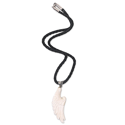 Bone and leather pendant necklace, 'White Wing' - Artisan Crafted Leather Cord Necklace with Cow Bone Pendant