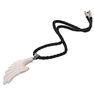 Bone and leather pendant necklace, 'White Wing' - Artisan Crafted Leather Cord Necklace with Cow Bone Pendant
