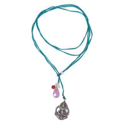 Multi-gem and sterling silver lariat necklace, 'Meditation in Turquoise' - Artisan Crafted Multi-Gemstone and Nylon Lariat Necklace