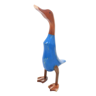 Hand Carved Wood Duck Sculpture in Blue Finish (18 Inch)