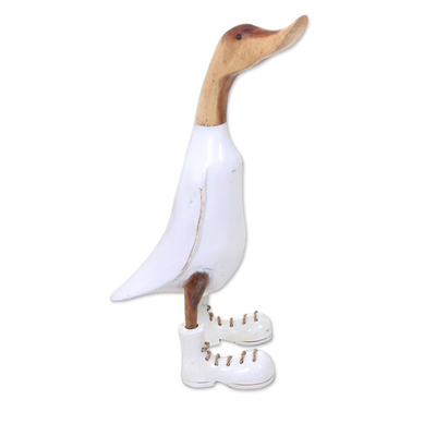 Distressed Wood Sculpture of White Duck in Boots (18 Inch)