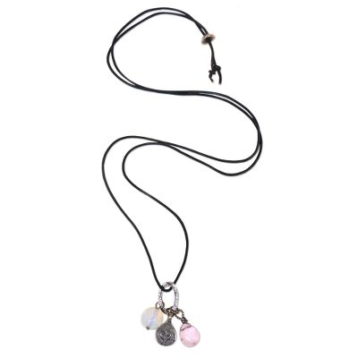 Rose quartz, opal and sterling silver charm necklace, 'Heartfelt Love' - Artisan Crafted Sterling Silver and Gemstone Charm Necklace