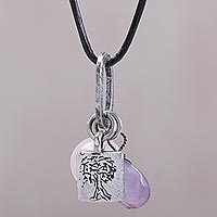 Rose quartz, amethyst and sterling silver charm necklace, 'Banyan Tree'