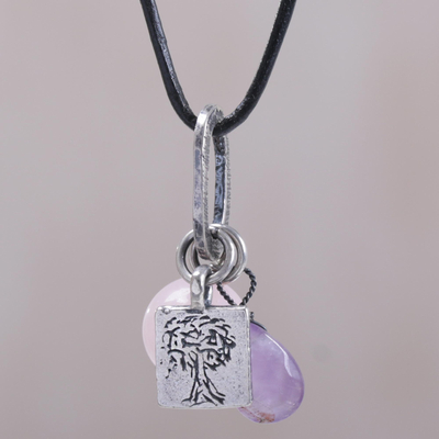 Rose quartz, amethyst and sterling silver charm necklace, 'Banyan Tree' - Hand Crafted Sterling Silver and Gemstone Charm Necklace