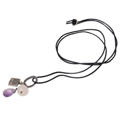 Rose quartz, amethyst and sterling silver charm necklace, 'Banyan Tree' - Hand Crafted Sterling Silver and Gemstone Charm Necklace