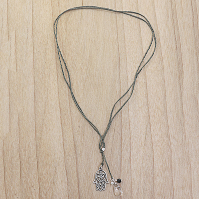 Quartz and onyx lariat necklace, 'Green Hamsa Hand' - Hamsa Hand Lariat Necklace with Onyx Pearl and Quartz