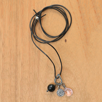 Rose quartz, onyx and sterling silver charm necklace, 'Lotus Glow' - Handmade Sterling Silver Charm and Gemstone Bead Necklace