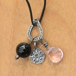 Rose quartz, onyx and sterling silver charm necklace, 'Lotus Glow' - Handmade Sterling Silver Charm and Gemstone Bead Necklace