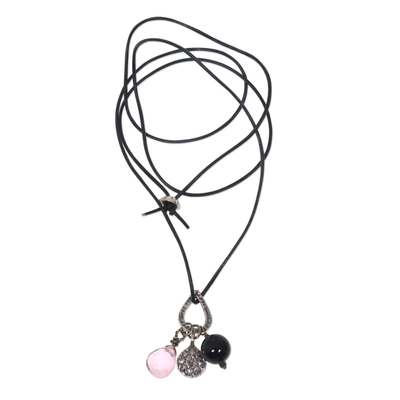 Rose quartz, onyx and sterling silver charm necklace, 'Lotus Glow' - Handmade Sterling Silver Charm and Gemstone Bead Necklace