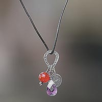 Amethyst and carnelian pendant necklace, 'Banyan Tree' - Multigem Stamped Sterling Silver Banyan Tree Cord Necklace