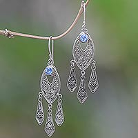 Blue topaz chandelier earrings, 'Balinese Wind Chime' - Balinese Sterling Silver Chandelier Earrings with Blue Topaz
