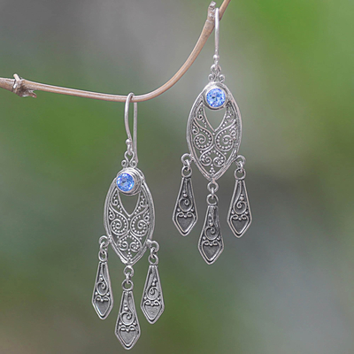 Blue topaz chandelier earrings, 'Balinese Wind Chime' - Balinese Sterling Silver Chandelier Earrings with Blue Topaz