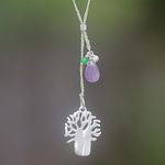 Amethyst lariat necklace, 'Green Banyan Tree' - Handmade Lariat Necklace with Amethyst Pearl and Quartz