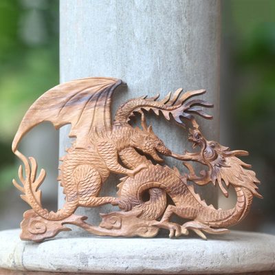 Wood relief panel, 'Dragon Fight' - Artisan Crafted Balinese Dragon Wood Relief Panel