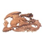 Wood relief panel, 'Dragon Fight' - Artisan Crafted Balinese Dragon Wood Relief Panel