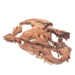 Wood relief panel, 'Dragon Fight' - Artisan Crafted Balinese Dragon Wood Relief Panel