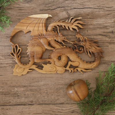 Wood relief panel, 'Dragon Fight' - Artisan Crafted Balinese Dragon Wood Relief Panel