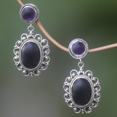 Amethyst and onyx earrings, 'Equilibrium' - Amethyst and onyx earrings