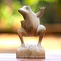 Wood sculpture, 'Dancing Frog' - Whimsical Artisan Carved Balinese Dancing Frog