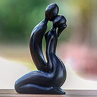 Wood sculpture, 'The Kiss' - Romantic Hand Carved Wood Sculpture of Lovers' Kiss