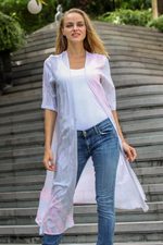 Long rayon kimono jacket, 'Swirling Currents' - Hand-Dyed Open Front Kimono Jacket in Grey and Peach