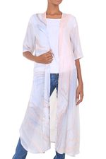 Long rayon kimono jacket, 'Swirling Currents' - Hand-Dyed Open Front Kimono Jacket in Grey and Peach
