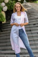 Long rayon kimono jacket, 'Swirling Currents' - Hand-Dyed Open Front Kimono Jacket in Grey and Peach