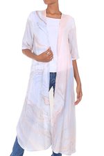 Long rayon kimono jacket, 'Swirling Currents' - Hand-Dyed Open Front Kimono Jacket in Grey and Peach