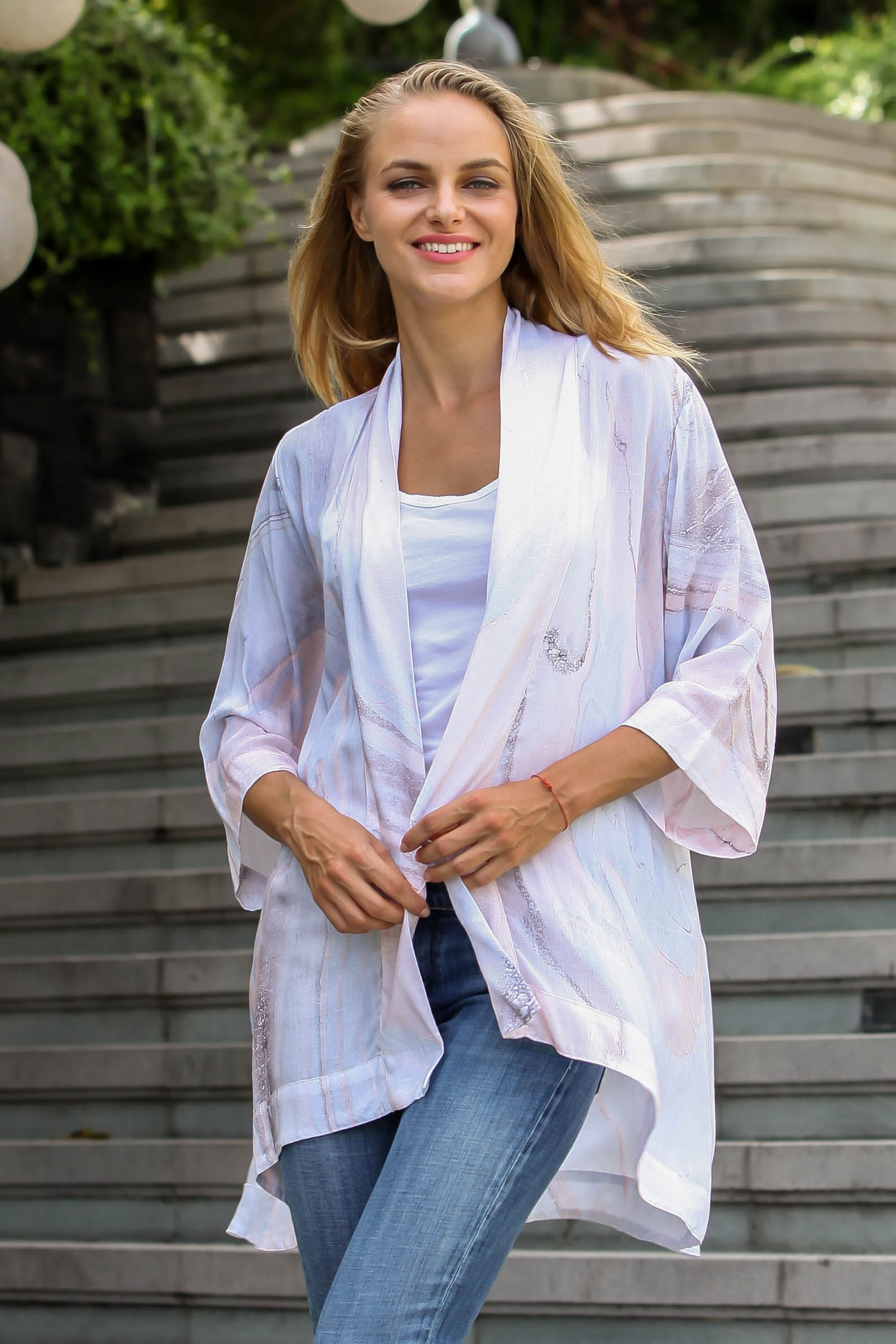 Grey and Peach Hand-Dyed Rayon Kimono Jacket from Bali - Pools and