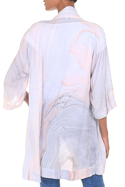 Kimonojacke aus Rayon - Graue und pfirsichfarbene handgefärbte Rayon-Kimonojacke aus Bali
