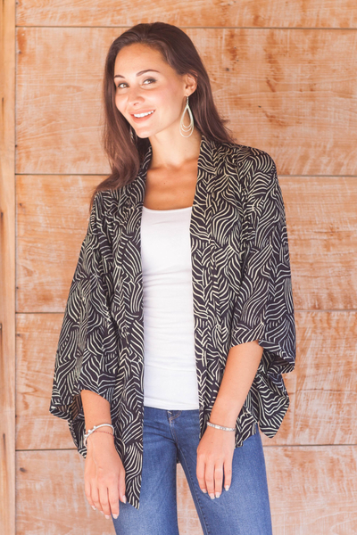 Rayon batik jacket, 'Bedeg' - Fair Trade Womens 100% Rayon Hand Stamped Kimono Sleeve Open