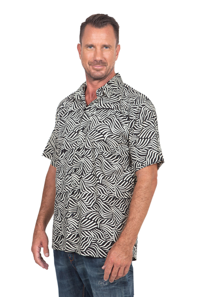 Men's cotton batik shirt, 'Bedeg' - Men's Cotton Batik Button Down Short Sleeve Shirt
