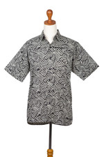 Men's cotton batik shirt, 'Bedeg' - Men's Cotton Batik Button Down Short Sleeve Shirt