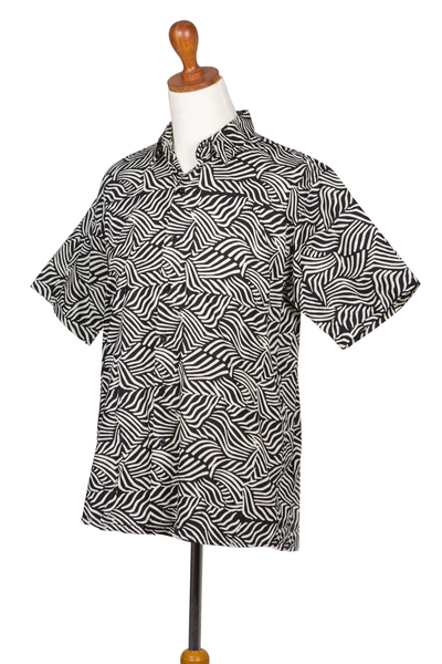 Men's cotton batik shirt, 'Bedeg' - Men's Cotton Batik Button Down Short Sleeve Shirt